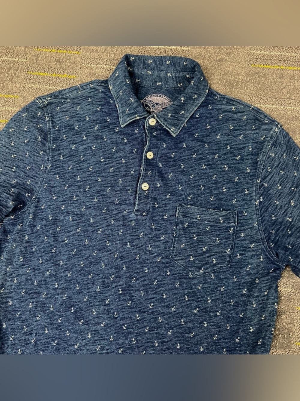 Wallace & Barnes Indigo Polo Shirt Anchor Print Navy Blue Men's M C6129 J Crew